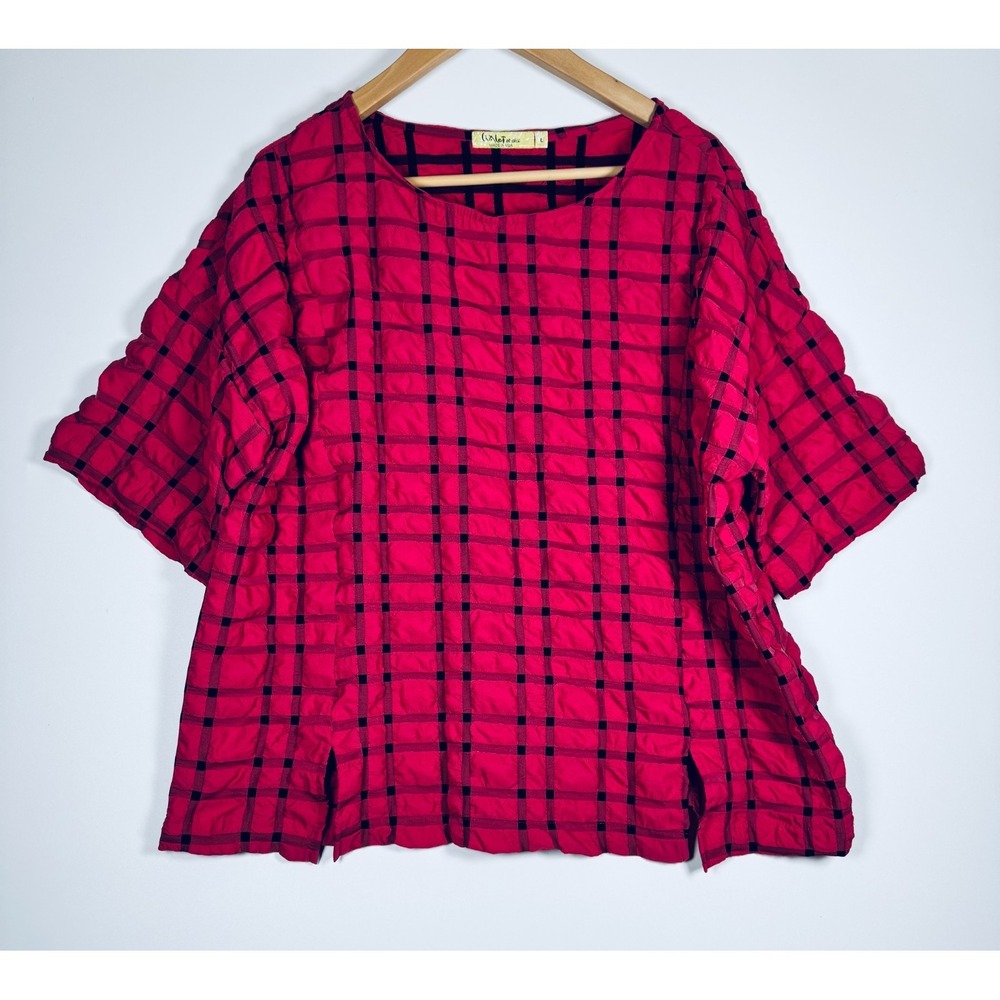 Chalet et Ceci Blouse Womens Large Pink Black Check Textured Top Boxy Artsy USA
